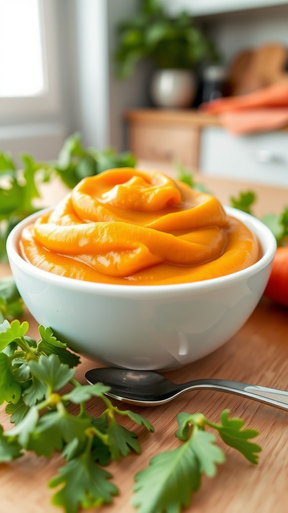 Nutritious Sweet Potato and Carrot Puree for 9-Month-Olds Smooth sweet potato and carrot puree in a baby-friendly bowl, surrounded by fresh vegetables in a cozy kitchen.